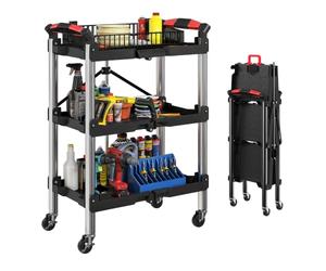HOMCOM Carrello attrezzi pieghevole 3 livelli, ruote, 150 LBS, nero | Carrello utility pieghevole con maniglie, organizer servizio mobile, per garage magazzino officina.