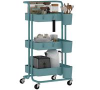 HOMCOM Carrello ausiliario con ruote a 3 livelli, carrello da cucina con manico 3 cesti in rete e 3 scatole sospese, carrello portaoggetti per bagno, soggiorno, 42 x 38 x 86,5 cm, blu verde