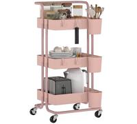 HOMCOM Carrello ausiliario con ruote a 3 livelli, carrello da cucina con manico 3 cestini in rete e 3 scatole sospese, carrello portaoggetti per bagno soggiorno 42 x 38 x 86,5 cm rosa