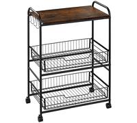 HOMCOM Carrello ausiliario con ruote, carrello portaborraccia a 3 livelli, carrello da cucina con 2 cesti e 4 ganci, Mobili per sala da pranzo, soggiorno, 60 x 38 x 85,5 cm, marrone rustico