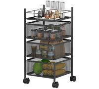 HOMCOM Carrello Cucina a 4 Ripiani, Carrellino Cucina Salvaspazio con Cestini Girevoli in Metallo, Piano Superiore e Ruote, Carrello Portafrutta e Verdure, per Soggiorno Salotto, Nero