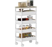 HOMCOM Carrello Cucina a 5 Livelli con 4 Cassetti Estraibili e 4 Rotelle, Carrello Portavivande Salvaspazio in Metallo, PP e Legno, 39.5x24x82 cm, Bianco e Rovere