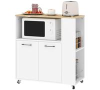 HOMCOM Carrello Cucina con Ripiano Aperto, Armadietto a 2 Ante e Scaffale Laterale a 2 Livelli, Carrello Multiuso con Ripiano Regolabile in Legno, 75x40x80.5 cm, Color Bianco e Rovere