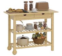 HOMCOM Carrello Cucina in Bambù con 2 Rotelle e 2 Gambe, Carrello Cucina Salvaspazio con 2 Ripiani a Doghe e 2 Cassetti, Carrellino Portaoggetti Multiuso per Soggiorno, 100x43x75 cm, Color Legno