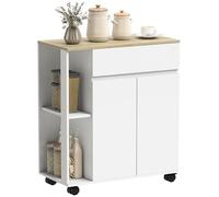 HOMCOM Carrello Cucina, Isola Cucina con Cassetto, Armadietto, 2 Ripiani Laterali e Ripiani Regolabili, Carrello Portaoggetti Multiuso in Legno, 78x39.5x88.5 cm, Bianco e Rovere