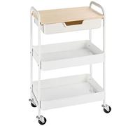 HOMCOM Carrello Cucina Multiuso a 4 Ripiani, Carrellino Cucina Salvaspazio con 2 Cestini, un Cassetto, Piano d'Appoggio in Legno, Maniglia in Acciaio e Ruote a Freni, per Soggiorno Salotto, Bianco
