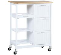 HOMCOM Carrello da Cucina con 3 Cassetti, 2 Ripiani Aperti e Vassoio Rimovibile, in MDF e Legno di Pino, 67x37x87cm, Color Legno e Bianco