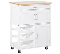 HOMCOM Carrello da Cucina con 9 Portabottiglie, 3 Ante, 4 Ruote e Cassetto, Mobiletto Cucina Salvaspazio con Piano in Legno di Gomma, 67x37x87 cm, Bianco e Rovere