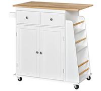 HOMCOM Carrello da Cucina con Armadietto, 2 Cassetti e Portaspezie a 3 Ripiani, Isola da Cucina Portavivande con Scaffale Regolabile, Porta Asciugamani e 4 Ruote con 2 Freni, 89x45x89.5 cm, Bianco
