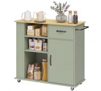 HOMCOM Carrello Cucina con 5 Ruote, Isola Cucina con Ante Soft-Close, Cassetto, Portasciugamani, 3 Portaspezie, 3 Scaffali Aperti e Ripiano Regolabile, Multiuso Salvaspazio, 96.5x38x87 cm, Verde
