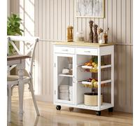 HOMCOM Carrello da Cucina con Ruote e Piano in Bambù, Isola Cucina con 2 Cassetti, Armadietto con Anta in Vetro, Ripiano Regolabile, 2 Cestini in Acciaio per Soggiorno e Cucina, 67x35x80 cm, Bianco L'