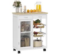 HOMCOM Carrello da Cucina con Ruote e Piano in Bambù, Isola Cucina con 2 Cassetti, Armadietto con Anta in Vetro, Ripiano Regolabile, 2 Cestini in Acciaio per Soggiorno e Cucina, 67x35x80 cm, Bianco