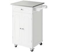 HOMCOM Carrello da cucina con ruote, multiuso, 1 cassetto, armadio a 2 ante con ripiano porta strofinacci in MDF bianco acciaio inossidabile