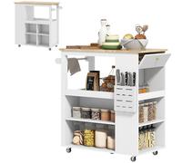 HOMCOM Carrello da Cucina con Ruote, Ripiani Regolabili e Portacoltelli, Isola Cucina con Piano di Lavoro in Legno di Caucciù e Portasciugamani, per Cucina e Soggiorno, 86.5x47x88 cm, Bianco