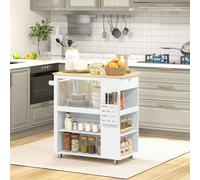 HOMCOM Carrello da Cucina con Ruote, Ripiani Regolabili e Portacoltelli, Isola Cucina con Piano di Lavoro in Legno di Caucciù, per Cucina e Soggiorno, 86.5x47x88 cm, Bianco Rivitalizza la tua cucina c