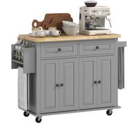 HOMCOM Carrello da Cucina con Ruote, Ripiani Regolabili e Portaspezie, Isola Cucina con Piano di Lavoro in Legno di Gomma, per Cucina e Soggiorno, 111x44.5x82.5 cm, Grigio