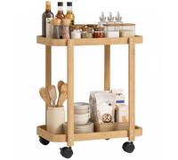 HOMCOM Carrello da cucina in bambù 2 livelli, 54x36.5x60cm, Naturale | Carrello da cucina con ruote, 2 ripiani aperti, design curvo