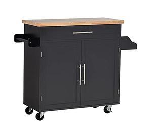 HOMCOM Carrello da Cucina Multiuso con Cassetto, Ruote, Portaspezie e Armadietto, Mobiletto Cucina con Ripiano Regolabile, Portasciugamani e Piano in Legno di Caucciù, 109x40x89 cm, Nero