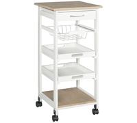 HOMCOM Carrello da Cucina salvaspazio in legno MDF bianco: 1 cassetto, 1 cestello, 2 vassoi, ripiano e 4 ruote, 37 x 37 x 82cm Aosom