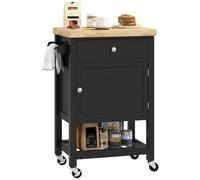 HOMCOM Carrello da cucina su rotelle, carrello di servizio, piano di lavoro in legno di gomma, cassetto, armadietto e porta asciugamani, carrello da cucina e da pranzo, 63,5 x 40 x 90 cm, nero
