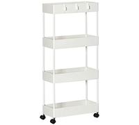HOMCOM Carrello di servizio a 4 livelli, carrello di servizio su ruote con cestini e ganci rimovibili, carrello di servizio per cucina, soggiorno, bagno, ufficio, bianco
