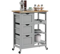 HOMCOM Carrello di servizio, piano di lavoro in legno di albero della gomma, 3 cassetti, vassoio rimovibile, 2 ripiani per listelli, carrello da cucina e sala da pranzo, 67 x 37 x 85,5 cm, grigio