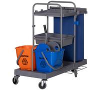 HOMCOM Carrello Pulizie Professionale a 3 Ripiani con Sacco per Immondizia, Ganci per Scopa, Secchio Lavapavimenti con Strizzatore per Mocio e 5 Ruote, per Hotel e Albergo, 111x63.3x103 cm, Grigio