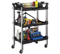 HOMCOM Carrello per officina con 3 piani, carrello degli attrezzi pieghevole con maniglia, carrello di montaggio, carrello per officina per magazzino, garage, portata fino a 68 kg, colore: nero