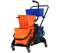 HOMCOM Carrello Pulizie Professionali con 2 Secchi Lavapavimenti 26L, Carrello Lavapavimenti con Strizzatore, Maniglia e 4 Ruote Universale, per Hotel, Albergo, Casa, 78x45x95 cm, Arancione e Blu