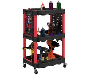 HOMCOM Carrello Porta Attrezzi a 3 Livelli, Carrellino da Officina in Plastica con Pannello Forato Laterale Portautensili, Capacità 91 kg, Nero e Rosso