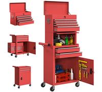 HOMCOM Carrello Porta Attrezzi in Acciaio con 6 Cassetti, 2 Armadi, Ruote, Rosso