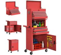 HOMCOM Carrello Porta Attrezzi in Acciaio con Serratura 3 in 1 Rosso | Carrello Portautensili da Officina, 6 Cassetti, 2 Armadi, Pannello Forato, Ruote, Maniglia, Capacità 100kg