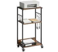 HOMCOM Carrello Porta Stampante a 3 Livelli, Supporto Stampante con Ruote con Freno e 6 Ganci, Salvaspazio in Metallo e Legno, per Casa, Studio, Ufficio, Industriale, 43x30x82cm, Marrone Rustico