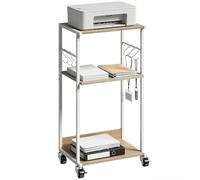 HOMCOM Carrello Porta Stampante a 3 Livelli, Supporto Stampante con Ruote con Freno e 6 Ganci, Salvaspazio in Metallo e Legno, per Casa, Studio, Ufficio, Industriale, 43x30x82cm, Color Legno