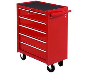 HOMCOM Carrello Porta Utensili con 5 Cassetti, Serratura, 2 Chiavi e Manubrio Parete Smontabile 2 Ruote con Freno in Lamiera d'Acciaio EVA Rosso 67,5x33x77cm