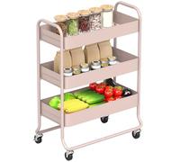 HOMCOM Carrello portaoggetti a 3 livelli su ruote, carrello multiuso con retro in rete, carrello mobile per cucina, bagno, camera da letto, rosa chiaro