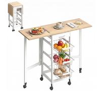 HOMCOM Carrello Portavivande Pieghevole 37x37x77.5 cm Bianco e Legno | 6 Ruote, 3 Cestini, Cassetto e 2 Ribalte, Carrellino per Cucina, MDF e Metallo
