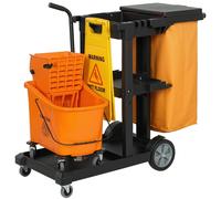HOMCOM Carrello Pulizie Professionale a 3 Ripiani con Sacco per Immondizia 70L, Ganci per Scopa, Secchio Lavapavimenti con Strizzatore per Mocio e 4 Ruote, per Hotel e Albergo, 122x46.5x101 cm
