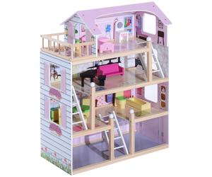 HOMCOM Casa delle Bambole in Legno a più Piani con Accessori, Rosa, 60x30x80cm Aosom