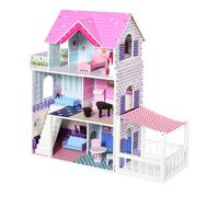 HOMCOM Casa delle Bambole in Legno per Bambini 3+ Anni con 12 Accessori, Tre Piani, Cortile e Arredamento, Rosa Aosom