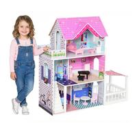 HOMCOM Casa delle Bambole in Legno per Bambini 3+ Anni con 12 Accessori, Tre Piani, Cortile e Arredamento, Rosa Aosom