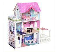 HOMCOM Casa delle Bambole in Legno per Bambini 3+ Anni con 12 Accessori, Tre Piani, Cortile e Arredamento, Rosa Aosom