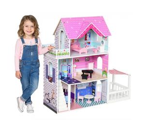 HOMCOM Casa delle Bambole in Legno per Bambini 3+ Anni con 12 Accessori, Tre Piani, Cortile e Arredamento, Rosa Aosom