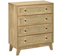 HOMCOM Cassettiera 4 Cassetti in Rattan Stile Boho 80x35x95 cm Legno Naturale