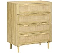 HOMCOM Cassettiera 4 Cassetti Stile Boho in Legno e Rattan 90x45x108.5cm Rovere