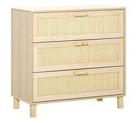 HOMCOM Cassettiera a 3 Cassetti in Legno e Rattan Stile Boho per Camera da Letto e Soggiorno Colore Legno Naturale, 80x40x80cm