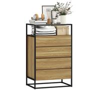 HOMCOM Cassettiera Camera da Letto 4 Cassetti, Comò Camera da Letto con Piano Vetro Temperato, Ripiano Aperto, in Acciaio, Cassettiera Salvaspazio per Soggiorno Corridoio, 60x40x94.5 cm, Color Teak