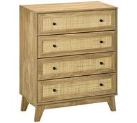 HOMCOM Cassettiera con 4 cassetti, comoda camera da letto stretta con frontali in rattan e gambe rialzate, cassettiera per soggiorno ufficio 80 x 35 x 95 cm naturale