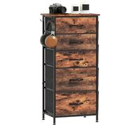 HOMCOM Cassettiera per camera da letto, con 5 cassetti in tessuto, cassettiera alta con 4 tasche, 2 ganci e struttura in acciaio, per soggiorno, corridoio, marrone rustico