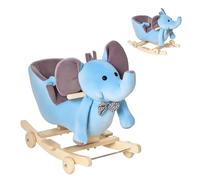 HOMCOM Cavallo a Dondolo per Bambini 18+ Mesi a forma di Elefante con Rotelle, Cintura e Schienale, Cavalluccio a Dondolo in Peluche, Legno e Acciaio, 60x35x45 cm, Blu